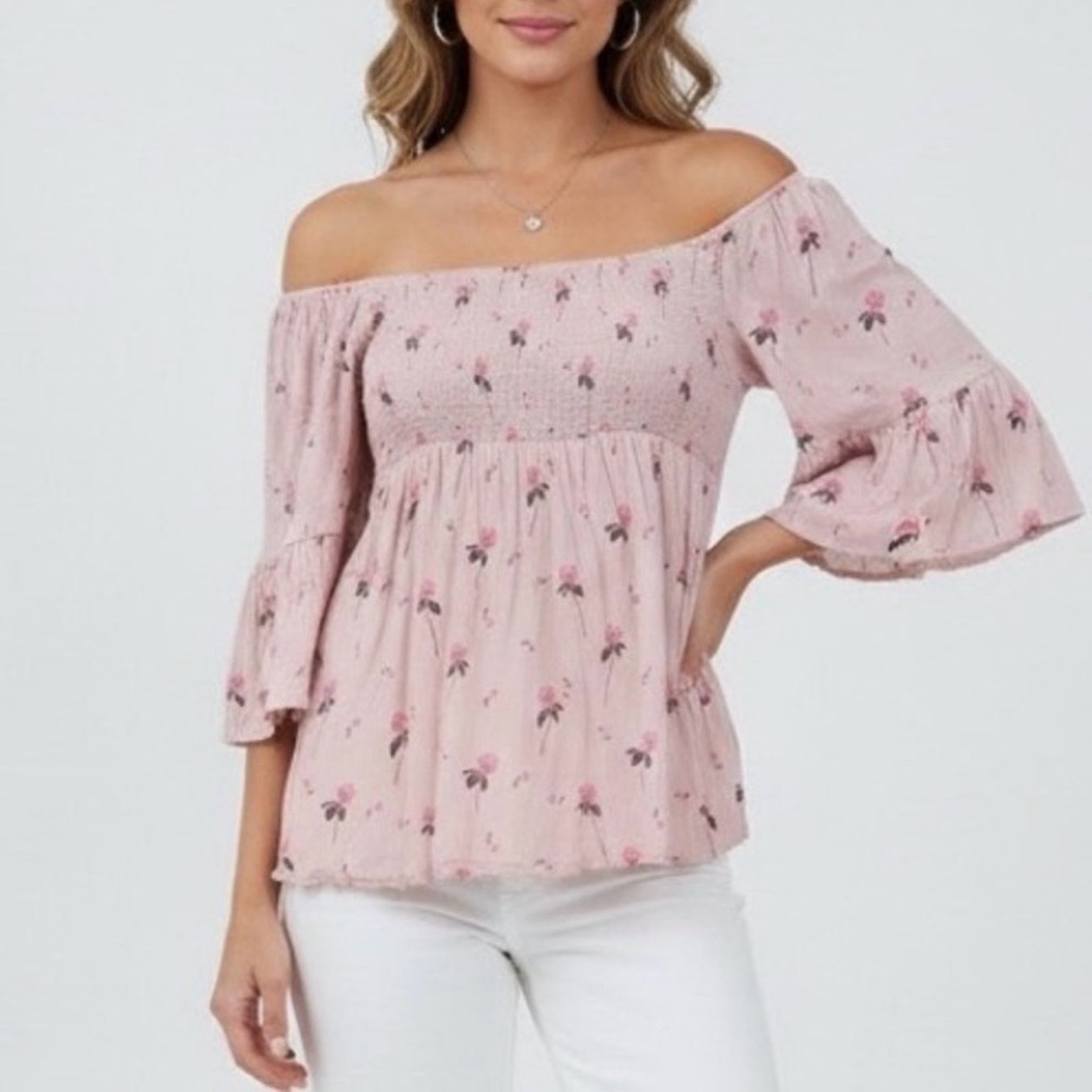 Free People Lana Cloud Berry Off the Shoulder Tunic Top Pink Floral Size XS Boho